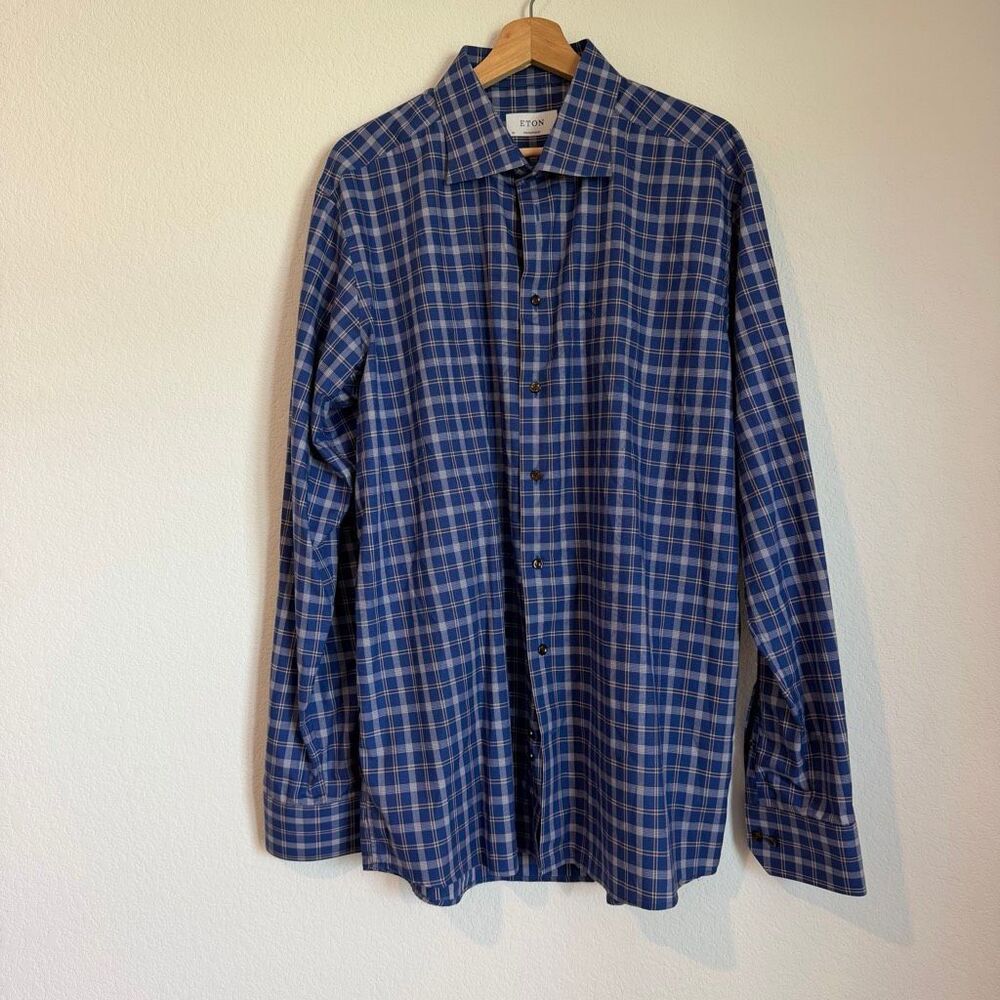 Eton Blue Plaid Contemporary Fit Long Sleeve Button Down Shirt Men's Size 18 46